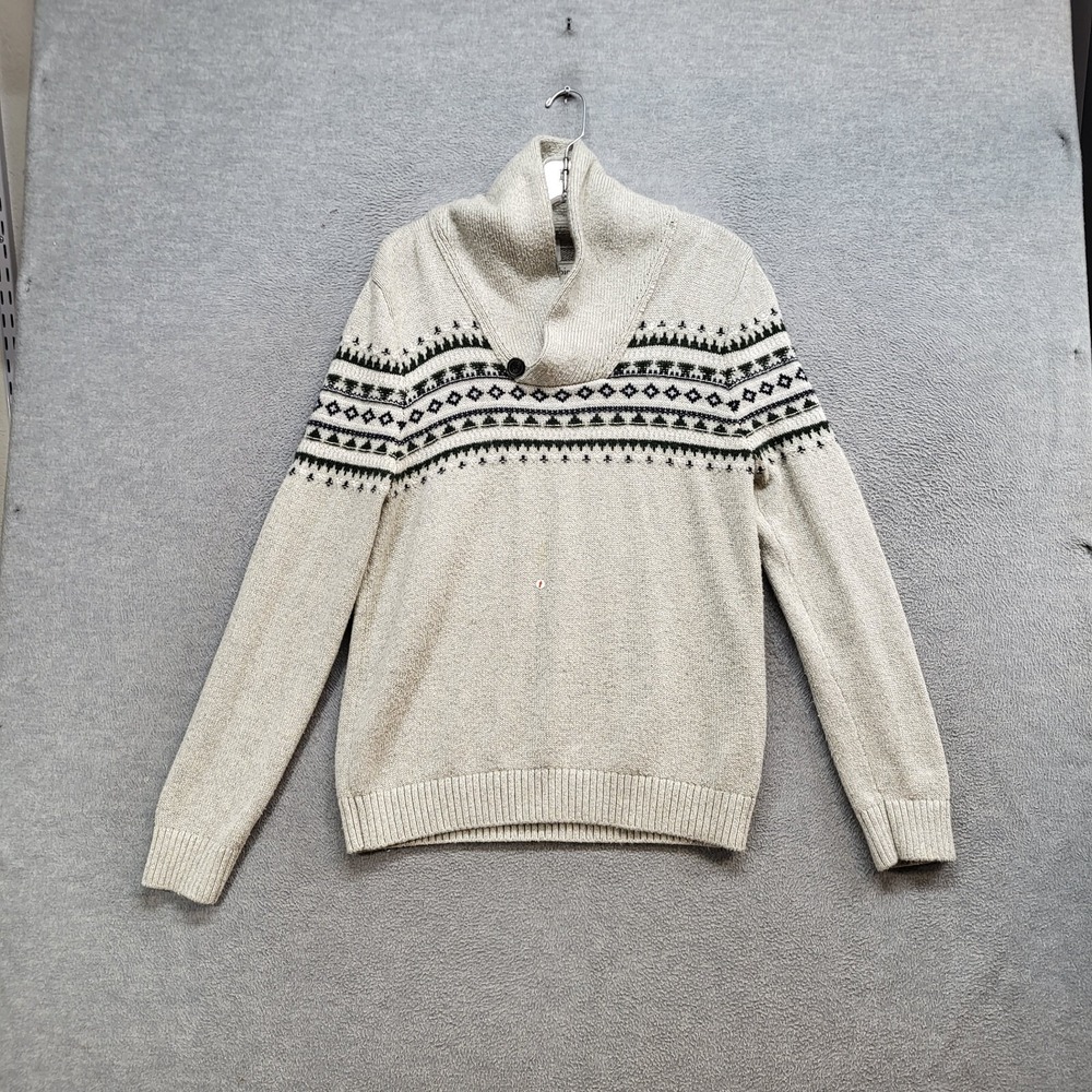 Abercrombie & Fitch Men Sweater Medium Beige Fair Isle Shawl Collar Knit READ